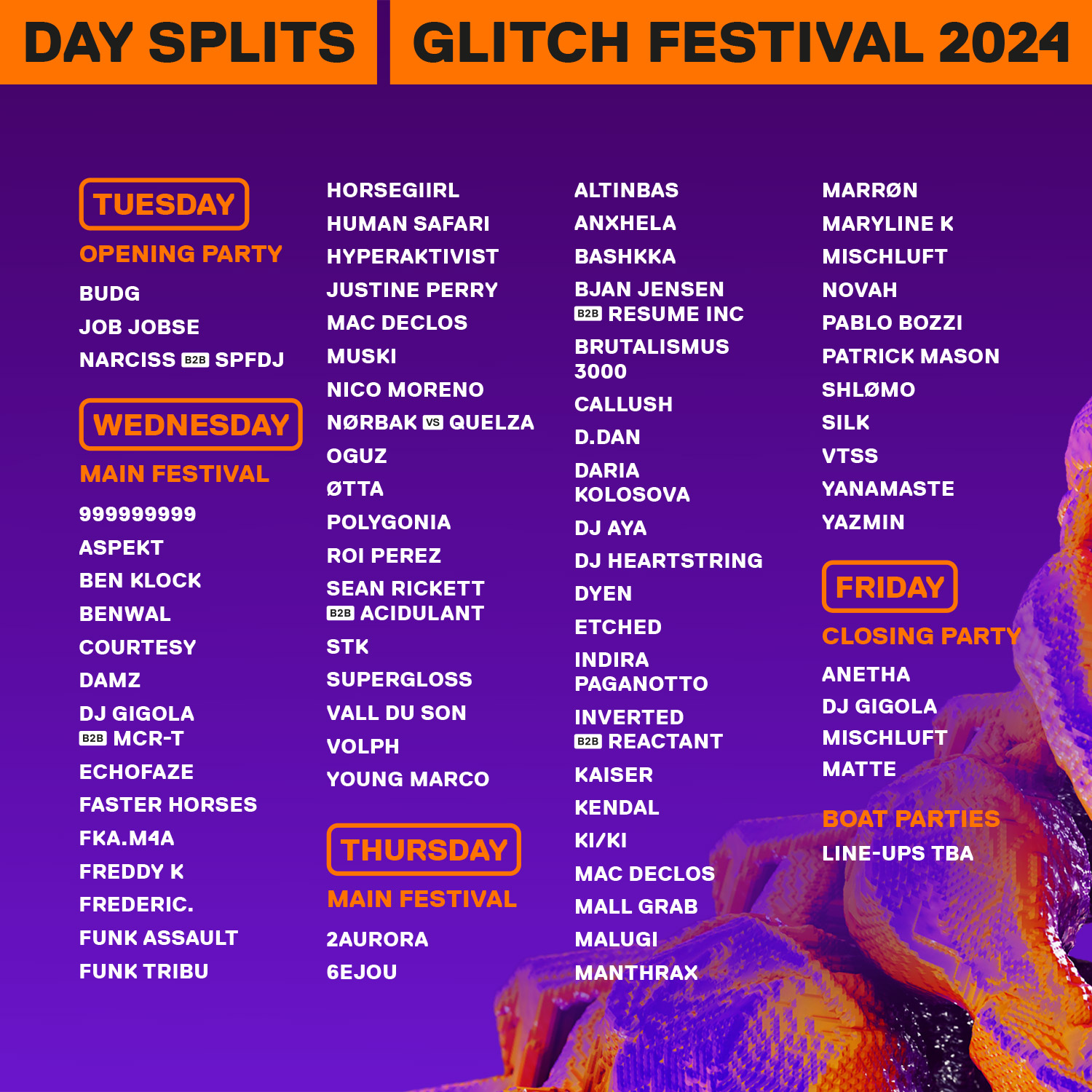 Glitch Festival 2024 Lineup Day Splits